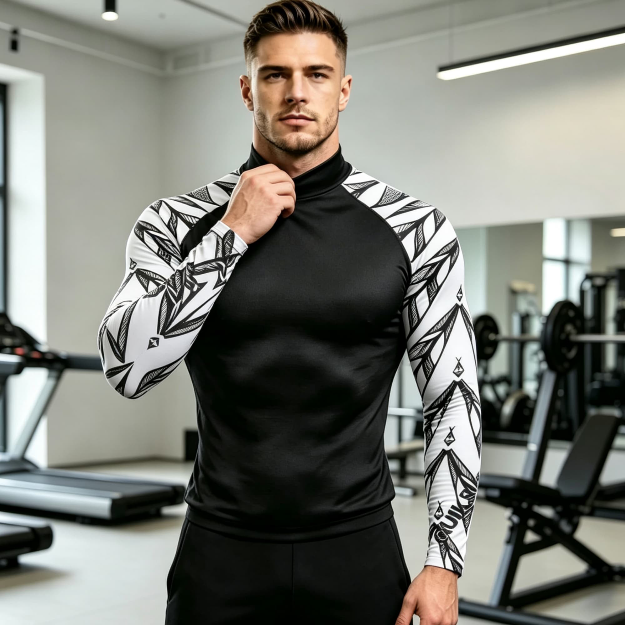 Geometric Print Spliced Mock N - Compression Shirt Workout 评论和价格
