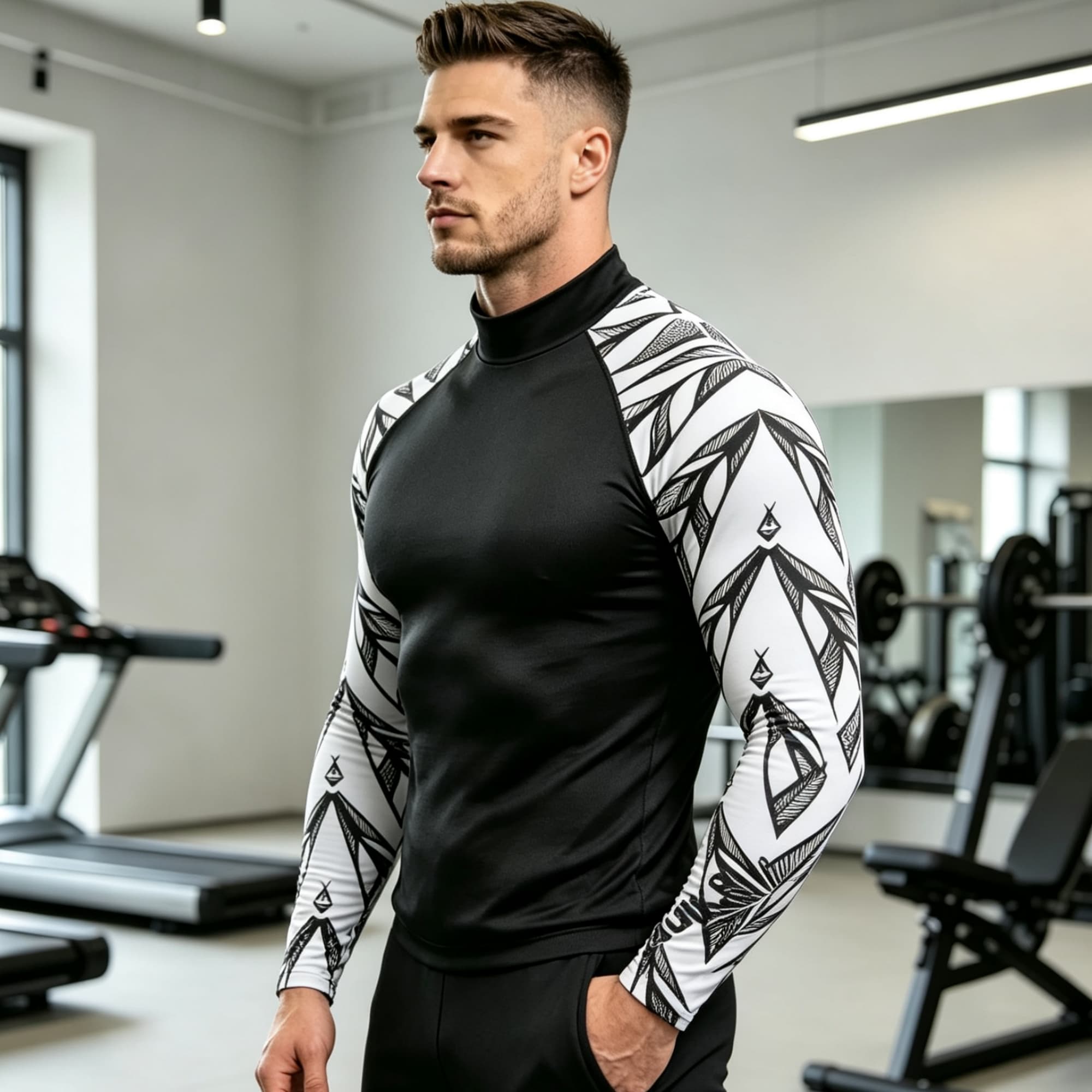 Geometric Print Spliced Mock N - Compression Shirt Workout 评论和价格