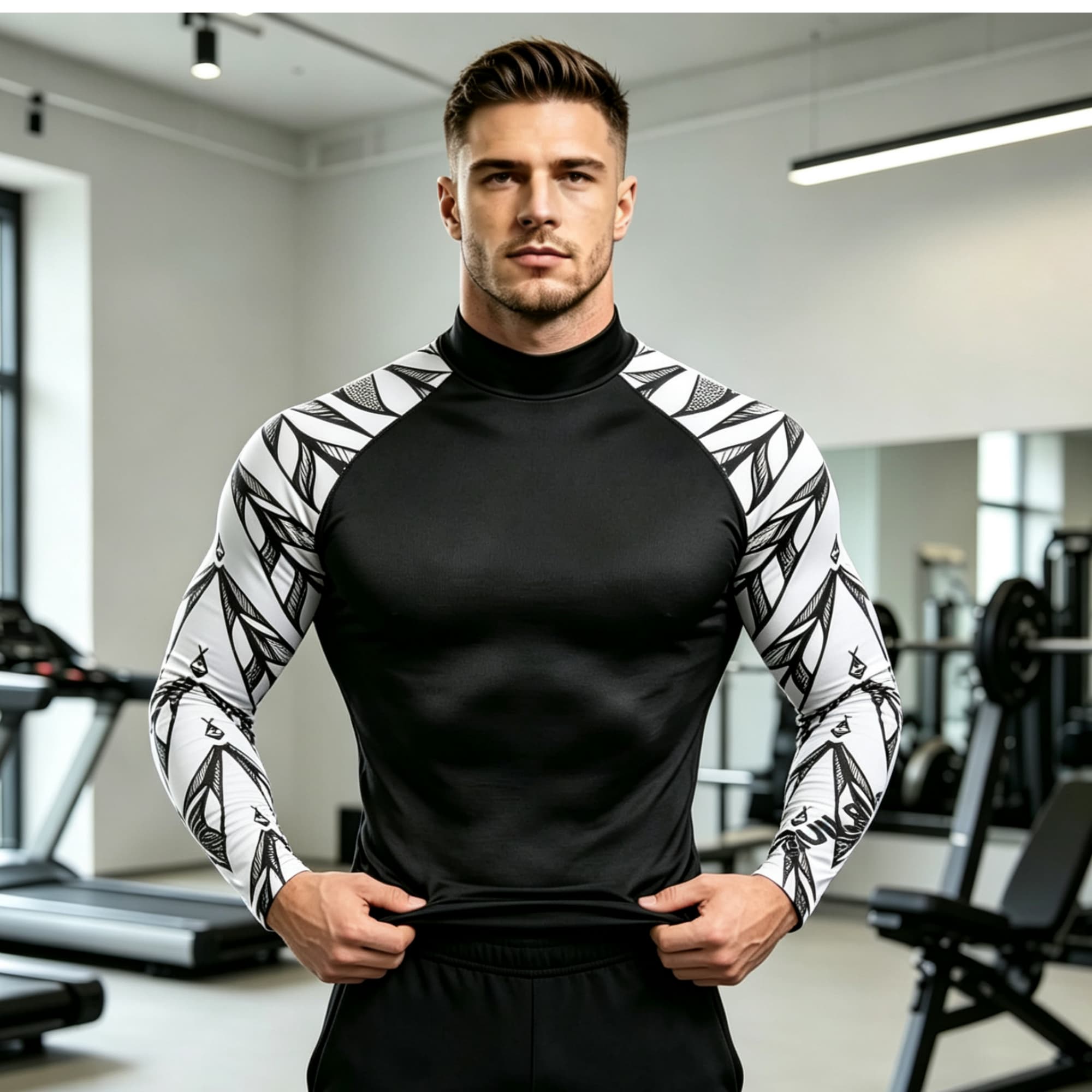 Geometric Print Spliced Mock N - Compression Shirt Workout 评论和价格