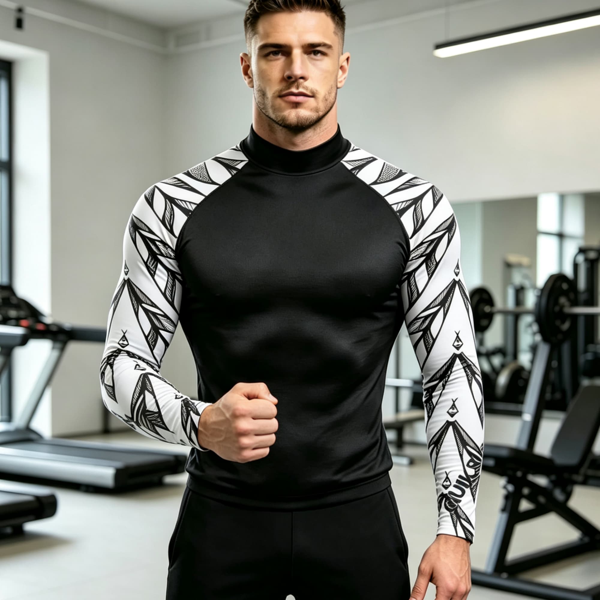 Geometric Print Spliced Mock N - Compression Shirt Workout 评论和价格